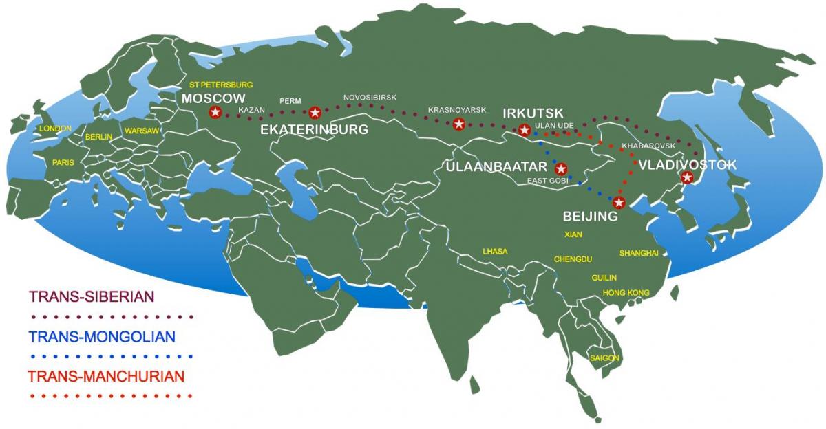mapa de Moscú a vladivostok ruta del tren